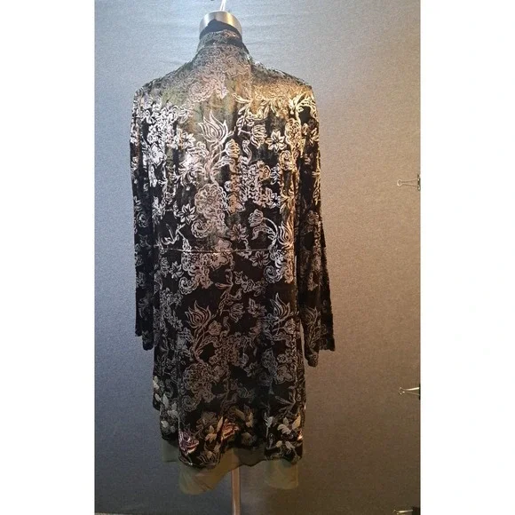Chicos Velvet Burnout Floral Duster Cardigan Olive Green Silver Size 2 Large - Picture 7 of 8